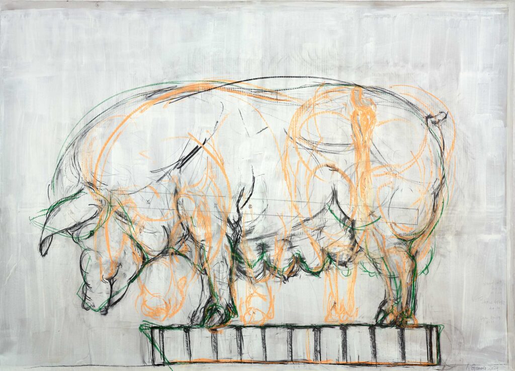 Zeichnung der Großen Muttersau, 2024, Pastell und Kohle auf grundiertem Papier, 150×200cm, Foto: Lothar Sprenger